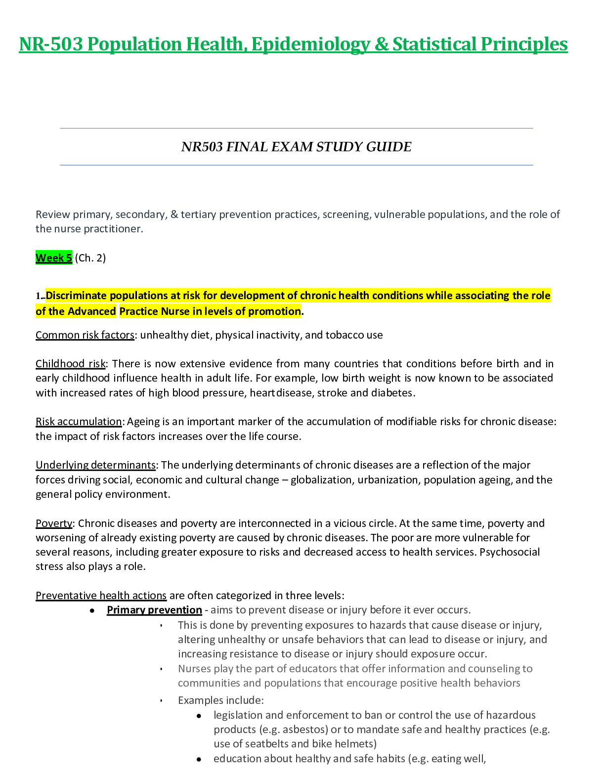 Recommended document preview for NR503 / NR 503 Final Exam Study Guide (Latest Update): Population Health, Epidemiology & Statistical Principles - Chamberlain